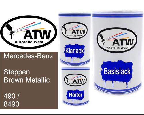 Mercedes-Benz, Steppen Brown Metallic, 490 / 8490: 500ml Lackdose + 500ml Klarlack + 250ml Härter - Set, von ATW Autoteile West.